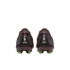Rear view of two dark maroon soccer cleats with silver patterns, neon green "Zm AIR" branding on the heels, and green studs against a black background.
