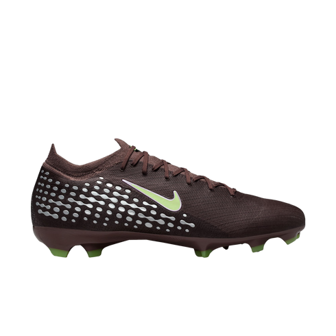Side view of a burgundy low-cut Nike soccer cleat featuring silver textured accents on the heel, a lime green swoosh, and lime green studs against a black background.