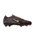A dark burgundy Nike Flyknit soccer cleat with a lime green swoosh and studs. The side has a white dotted pattern. Profile view on a black background.