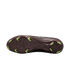 Sole of a dark brown soccer cleat with neon green studs, shown against a black background.
