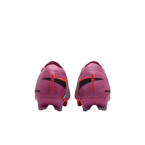 Rear view of pink Nike Mercurial soccer cleats with orange and black accents on a black background.