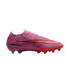 Nike Mercurial football boot in pink with a large orange swoosh and orange studded sole. Features "AIR ZOOM" branding on the side. Set against a black background.
