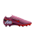 Pink Nike Mercurial soccer cleat with bright orange accents and a large "M" logo on the heel, set against a solid black background.