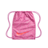 A pink Nike drawstring bag with a repeating pattern of international football terms and a large orange swoosh logo on a black background.
