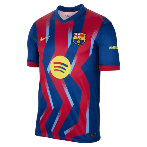 FC Barcelona Nike soccer jersey featuring red and blue jagged vertical stripes, the club crest, and yellow Nike and Spotify logos.