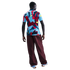 Back view of a person wearing a colorful geometric print T-shirt, loose maroon trousers, and light blue sneakers, standing against a black background.