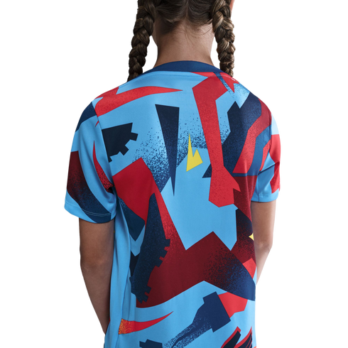 Back view of a person with braided hair wearing a light blue T-shirt with a bold geometric pattern in red, blue, and yellow.