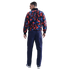 Rear view of a man wearing a red and blue geometric print jacket and navy cargo pants.