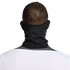 Back view of a person with short brown hair wearing a black neck gaiter and a white jersey against a black background.