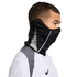 Side profile of a man wearing a black Nike neck warmer over his mouth and nose, paired with a white and grey sports shirt against a black background.
