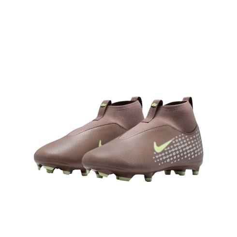 A pair of brown and neon green laceless Nike soccer boots with high-top sock collars against a black background.