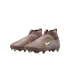 A pair of brown and neon green laceless Nike soccer boots with high-top sock collars against a black background.