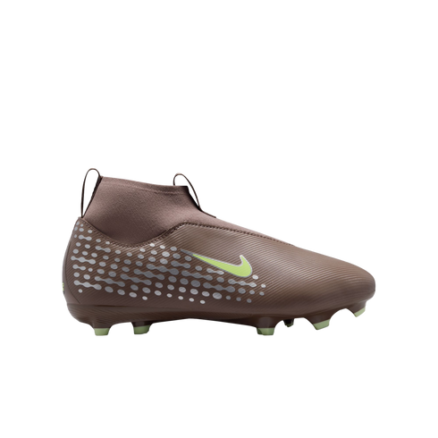 A taupe Nike soccer cleat with a lime green swoosh and studs, featuring a silver-dotted pattern on the heel against a black backdrop.