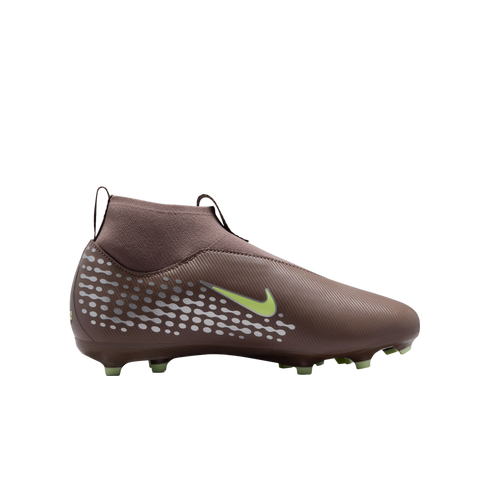 Side view of a brown laceless Nike soccer cleat with a high-top collar, light green swoosh, and white dot patterns on the heel.