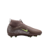 Side view of a brown laceless Nike soccer cleat with a high-top collar, light green swoosh, and white dot patterns on the heel.
