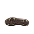 Underside of a brown soccer cleat showing lime green studs against a black background.