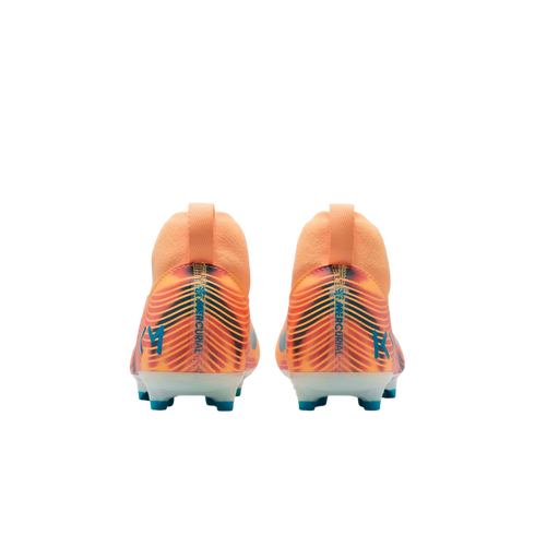 Rear view of orange Nike Mercurial soccer cleats with blue "KM" initials and dark wave patterns.