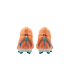 Rear view of orange Nike Mercurial soccer cleats with blue "KM" initials and dark wave patterns.