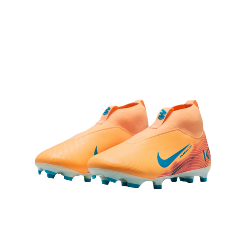 A pair of bright orange Nike soccer cleats with blue swoosh logos and studs. These laceless boots feature a high-top design and "AIR ZOOM" branding.