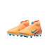 A pair of bright orange Nike soccer cleats with blue swoosh logos and studs. These laceless boots feature a high-top design and "AIR ZOOM" branding.