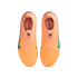 Top-down view of bright orange Nike Kylian Mbappé soccer cleats with blue swooshes on a black background.