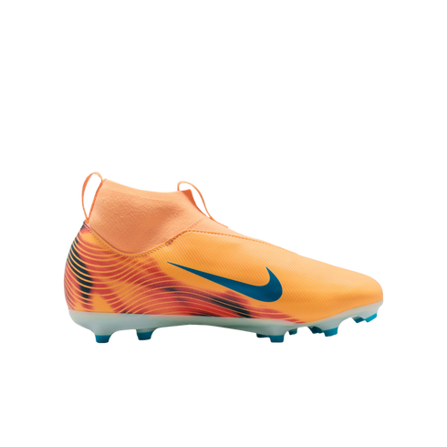 Orange Nike laceless soccer cleat with a teal swoosh, high-top sock collar, and wavy red and black patterns on the heel.