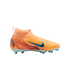 Orange Nike laceless soccer cleat with a teal swoosh, high-top sock collar, and wavy red and black patterns on the heel.