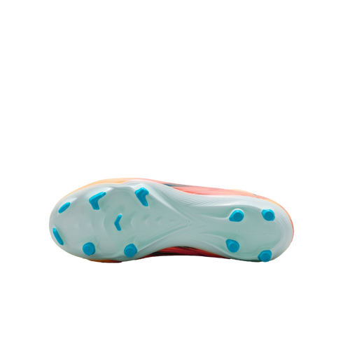 Soleplate view of a soccer cleat with light blue base and bright blue studs. The upper part shows orange and pink gradients against a black background.