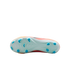 Soleplate view of a soccer cleat with light blue base and bright blue studs. The upper part shows orange and pink gradients against a black background.