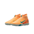 A pair of orange, laceless Nike Air Zoom soccer shoes with teal accents and KM branding, shown against a solid black background.
