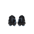 Rear view of black Nike Mercurial soccer cleats with light blue accents, isolated on a black background.