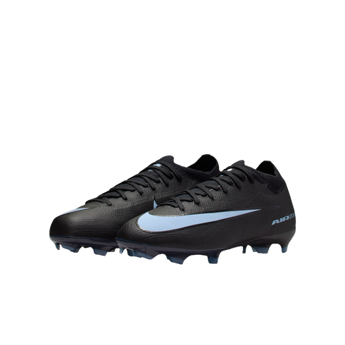 A pair of black Nike soccer cleats with a light blue swoosh and matching blue sole studs, set against a solid black background.