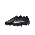 A pair of black Nike soccer cleats with a light blue swoosh and matching blue sole studs, set against a solid black background.