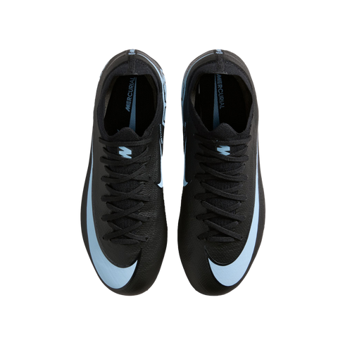 Top-down view of black Nike Mercurial soccer cleats featuring light blue Nike swooshes on a solid black background.