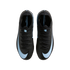 Top-down view of black Nike Mercurial soccer cleats featuring light blue Nike swooshes on a solid black background.