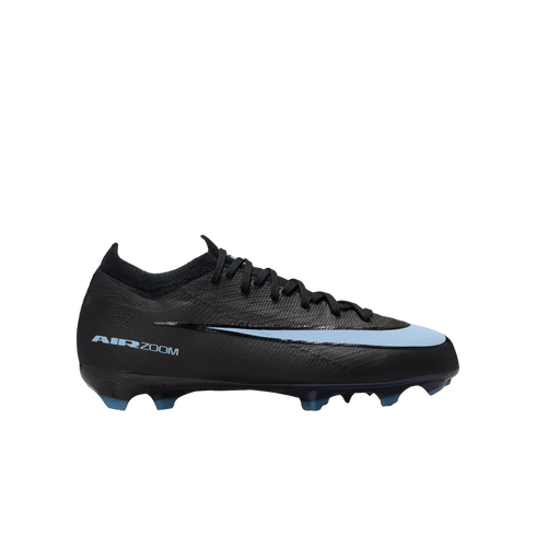 Black Nike Air Zoom soccer cleat with a light blue swoosh and blue-tipped studs, displayed against a black background.