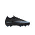 Black Nike Air Zoom soccer cleat with a light blue swoosh and blue-tipped studs, displayed against a black background.