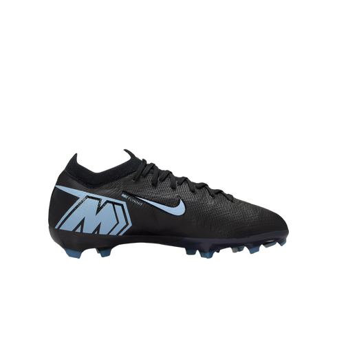 Side view of a black Nike Mercurial soccer cleat with light blue accents, including a swoosh and a large stylized 'M' logo on the heel.