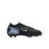 Side view of a black Nike Mercurial soccer cleat with light blue accents, including a swoosh and a large stylized 'M' logo on the heel.