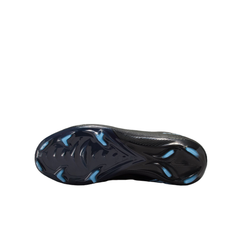 Underside of a black Nike soccer cleat with light blue studs, displayed horizontally on a solid black background.