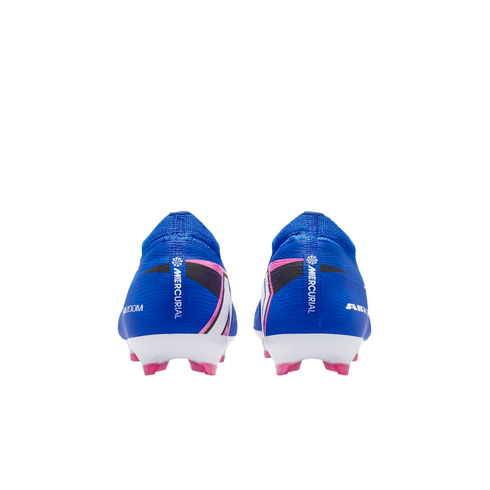 Rear view of two blue Nike Mercurial soccer cleats with pink and white accents on a solid black background.