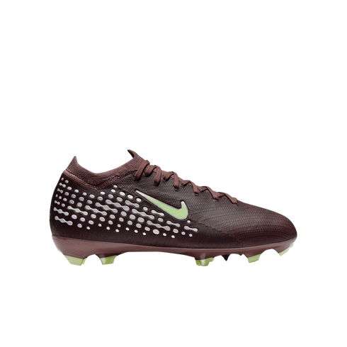 A side view of a burgundy Nike soccer cleat with white textured dots and pale green accents on the swoosh and studs.