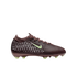 A side view of a burgundy Nike soccer cleat with white textured dots and pale green accents on the swoosh and studs.
