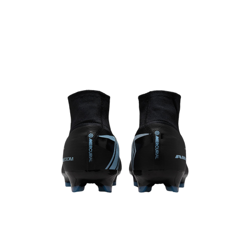 Rear view of two black Nike Mercurial soccer cleats featuring high-top collars and light blue branding, displayed against a solid black background.