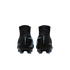 Rear view of two black Nike Mercurial soccer cleats featuring high-top collars and light blue branding, displayed against a solid black background.