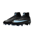 A pair of black Nike Mercurial Superfly soccer cleats with light blue accents and a high-top collar, shown on a plain black background.