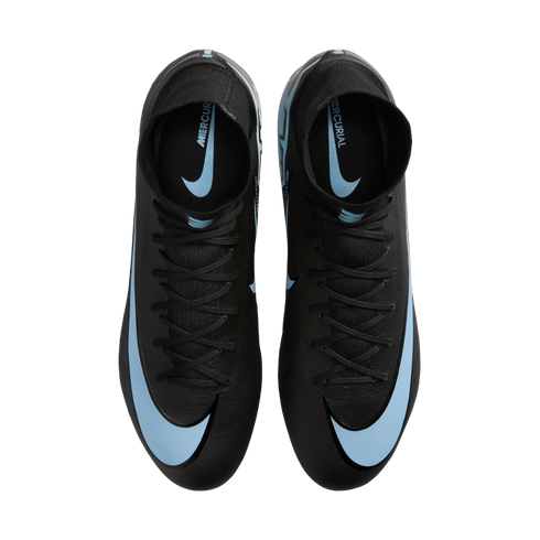 Top-down view of black Nike Mercurial soccer cleats with light blue Swoosh logos and branding on a black background.