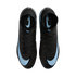 Top-down view of black Nike Mercurial soccer cleats with light blue Swoosh logos and branding on a black background.