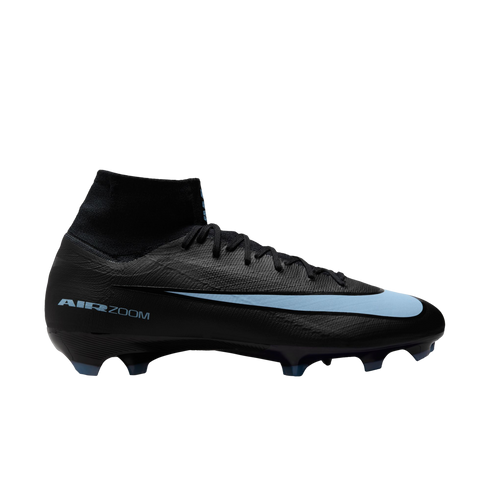 Side view of a black Nike Air Zoom Mercurial soccer cleat with a light blue swoosh and high-top collar, isolated on a black background.