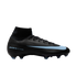 Side view of a black Nike Air Zoom Mercurial soccer cleat with a light blue swoosh and high-top collar, isolated on a black background.
